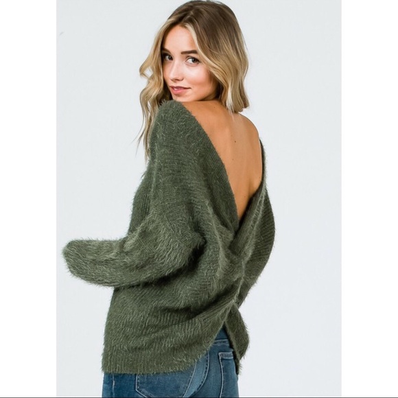•LAST 1• Olive Fuzzy Knot Twist Back Sweater - Picture 4 of 5